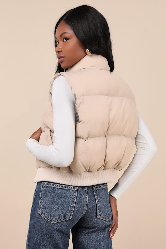 Warm Aesthetic Beige Mock Neck Puffer Vest 4
