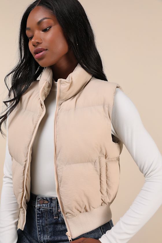 Lulus Warm Aesthetic Beige Mock Neck Puffer Vest In Beige