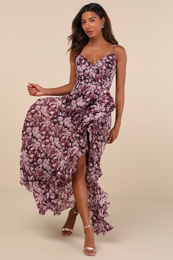 LULUS ILLUSTRIOUS AURA PLUM PURPLE FLORAL RUFFLED SURPLICE MAXI DRESS 