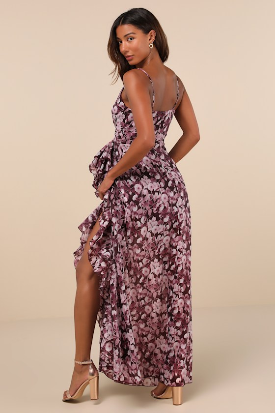 LULUS ILLUSTRIOUS AURA PLUM PURPLE FLORAL RUFFLED SURPLICE MAXI DRESS 