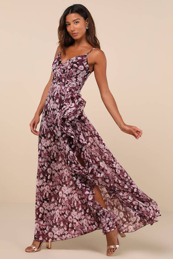 LULUS ILLUSTRIOUS AURA PLUM PURPLE FLORAL RUFFLED SURPLICE MAXI DRESS 