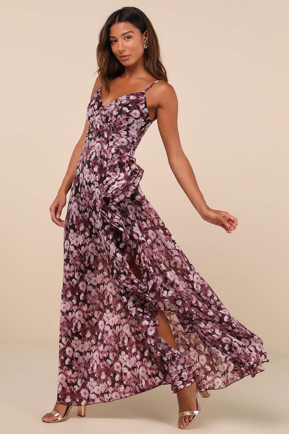 Illustrious Aura Plum Purple Floral Ruffled Surplice Maxi Dress
