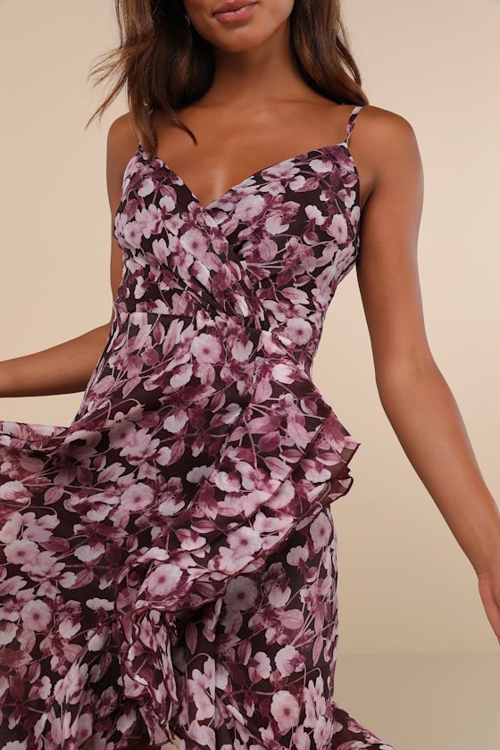 LULUS ILLUSTRIOUS AURA PLUM PURPLE FLORAL RUFFLED SURPLICE MAXI DRESS 