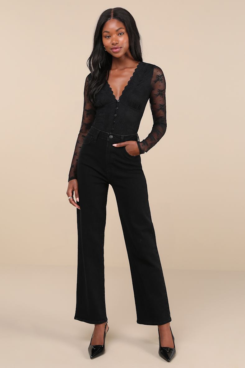 Decadently Sweet Black Lace Sheer Back Long Sleeve Top