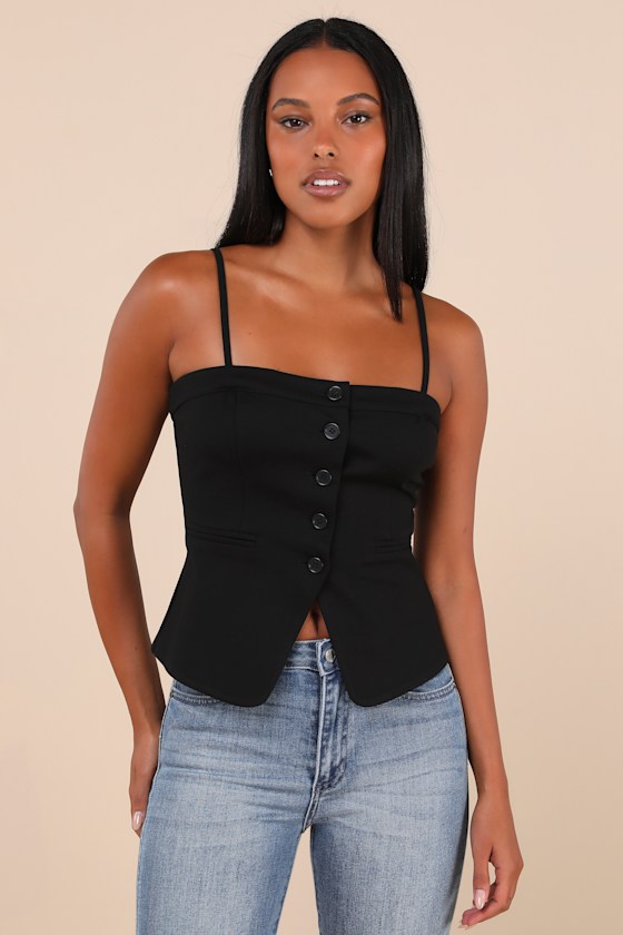 Lulus Sophisticated Ways Black Button-front Cami Vest Top In Black