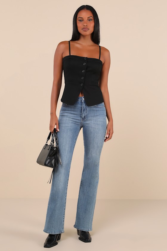 Lulus Sophisticated Ways Black Button-front Cami Vest Top In Black