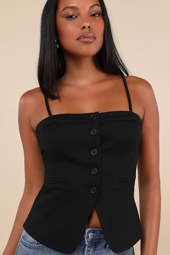 Lulus Sophisticated Ways Black Button-front Cami Vest Top In Black