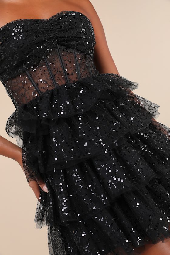 Lulus Illustrious Glow Black Sheer Tulle Sequin Tiered Mini Dress In Black
