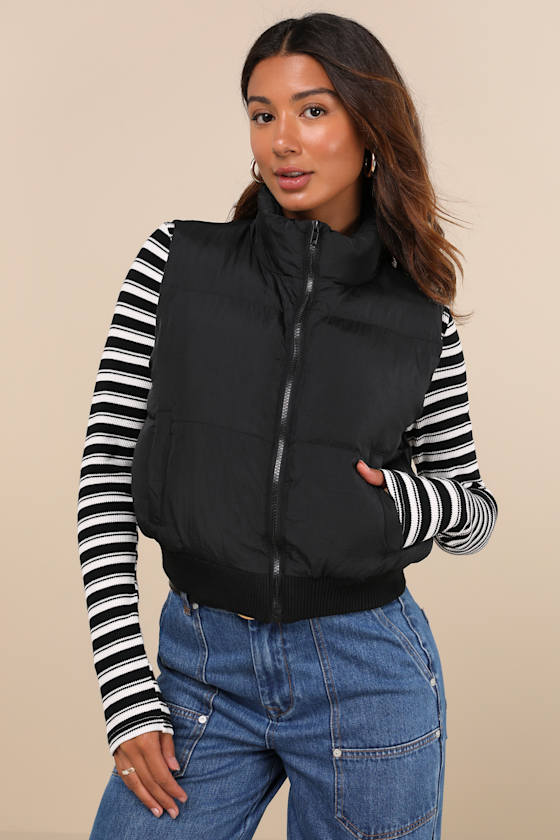 Lulus Warm Aesthetic Black Mock Neck Puffer Vest In Black