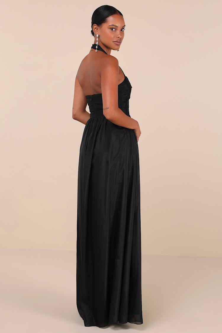 Marvelous Impression Black Pleated Halter Cutout Maxi Dress