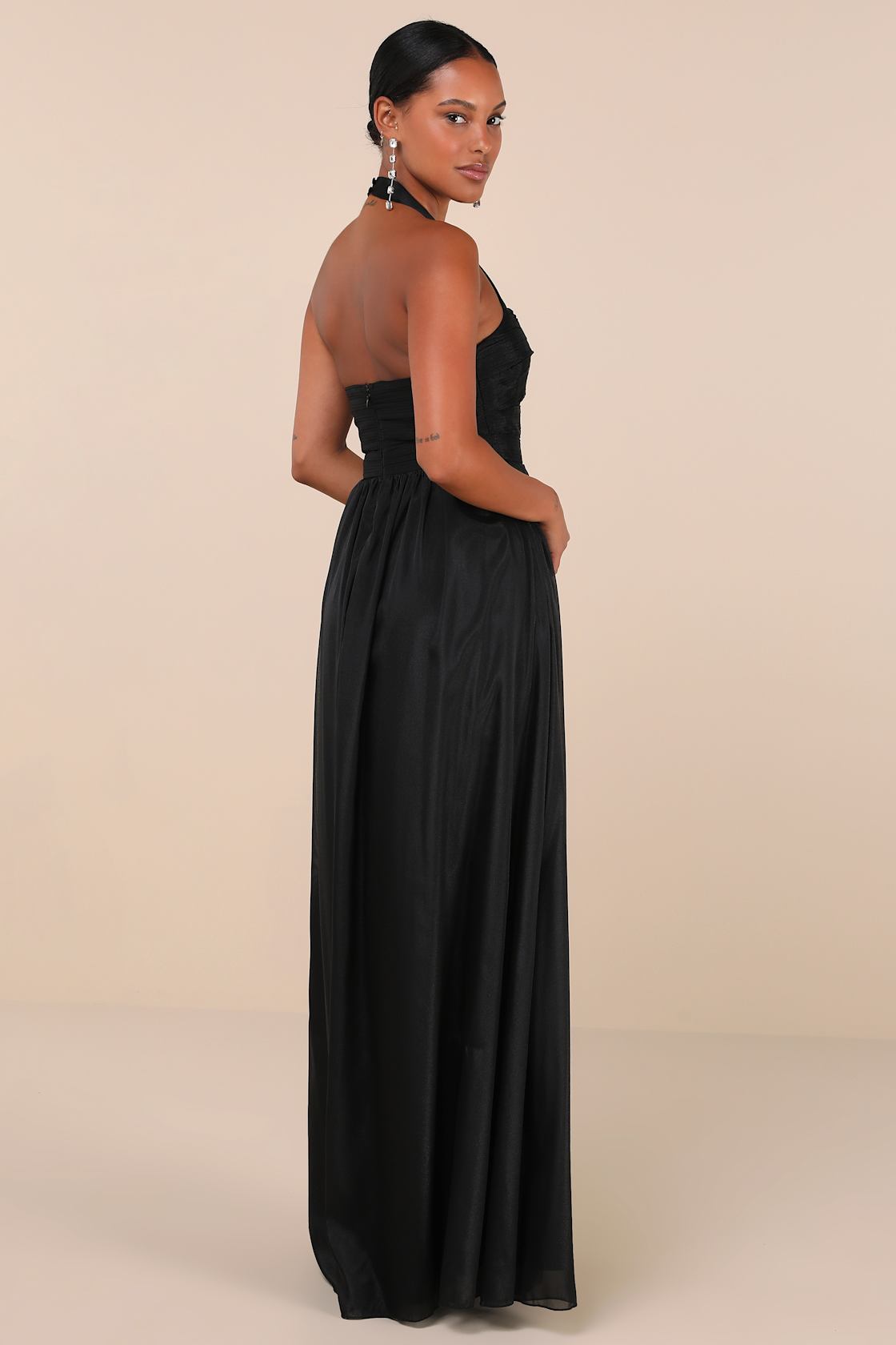 Blissfully Beautiful Black Satin Strapless Tiered Maxi Dress