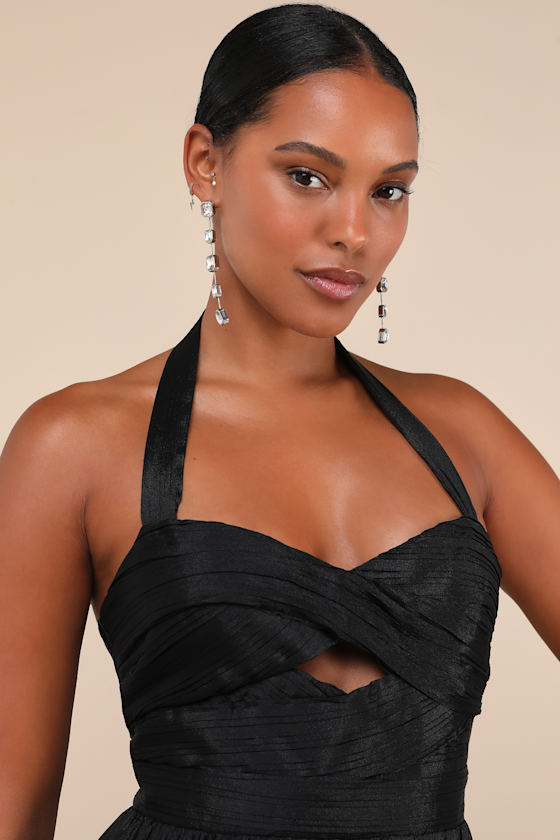 Lulus Marvelous Impression Black Pleated Halter Cutout Maxi Dress In Black