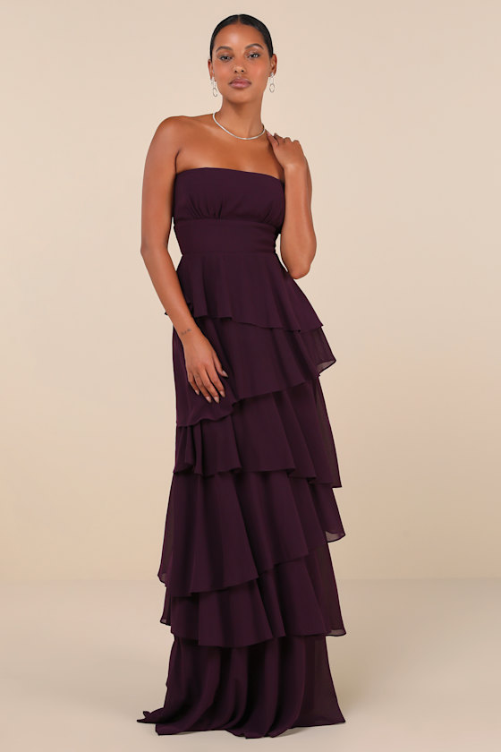 ◆Loulouseoul◆ Sheer Puff Long Dress Purple Dark Purple Tiered Dress - Strapless Maxi Dress - Purple