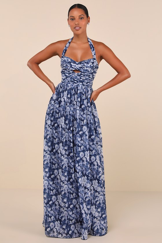 Navy Blue Floral Dress - Halter Maxi Dress - Pleated Maxi