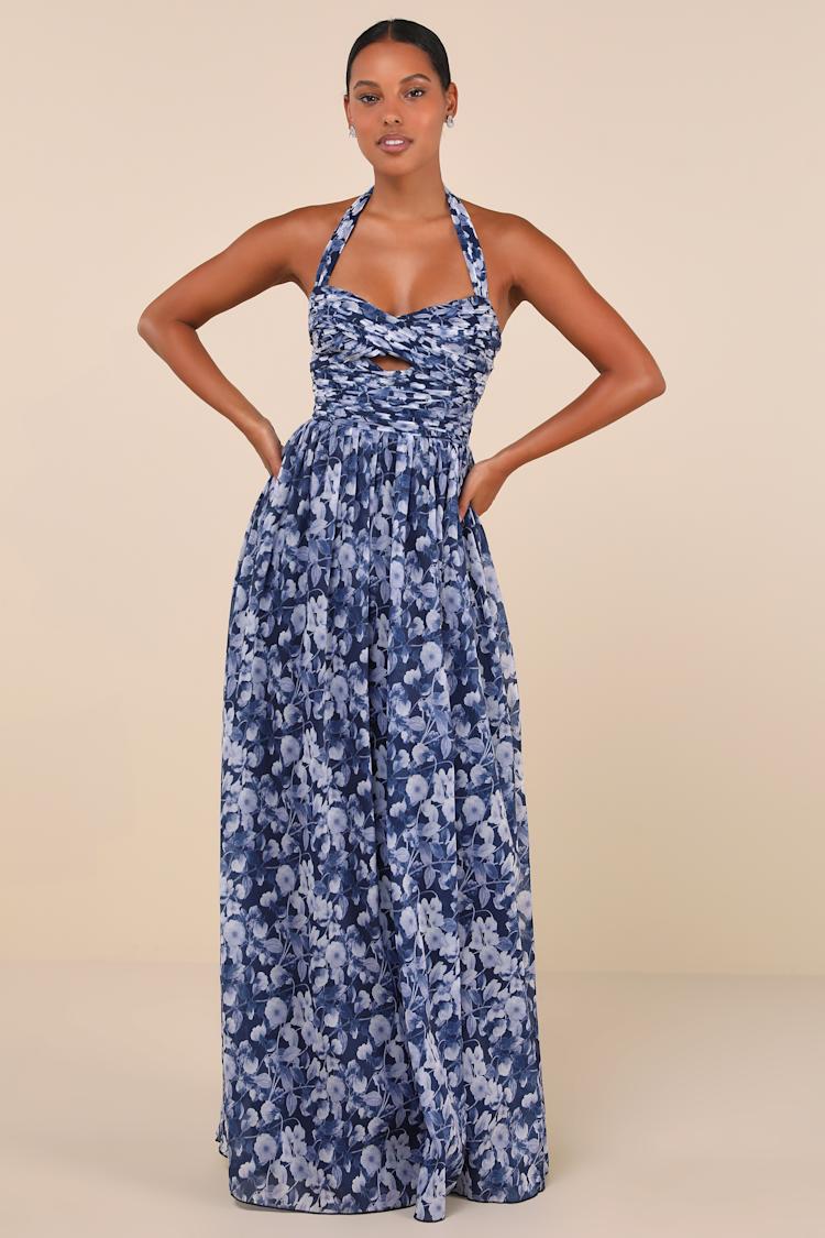 Navy Blue Floral Dress - Halter Maxi Dress - Pleated Maxi Dress - Lulus