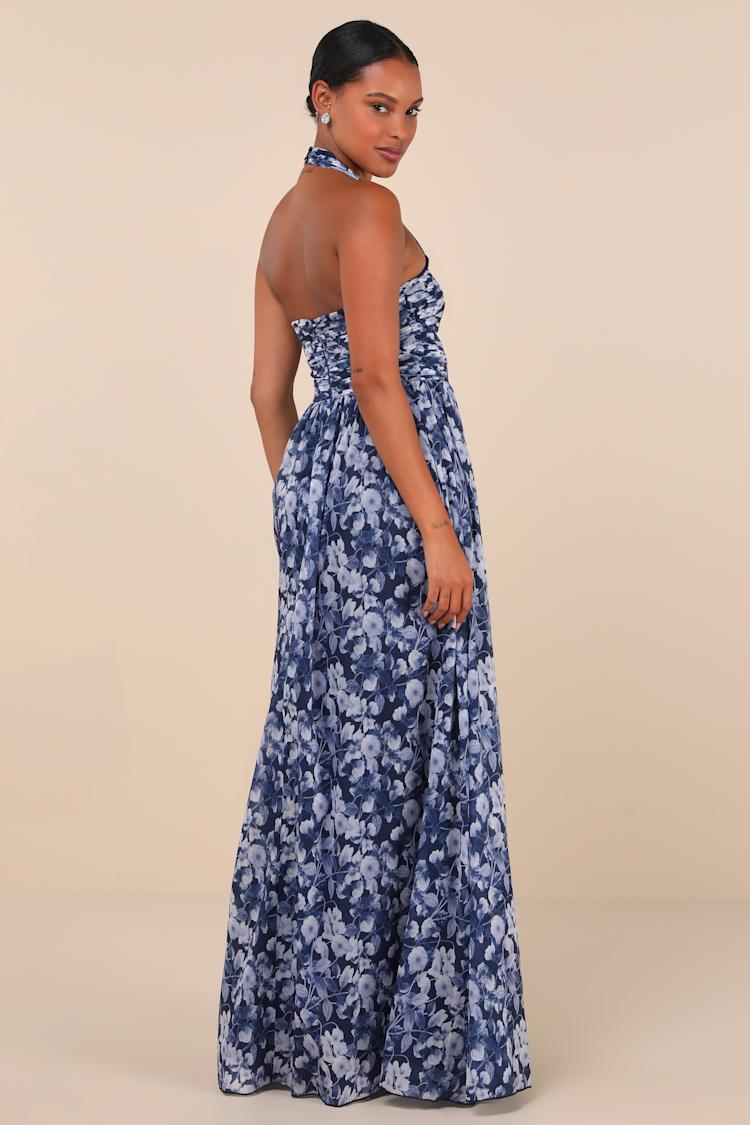 Illustrious Aura Navy Blue Floral Pleated Halter Maxi Dress