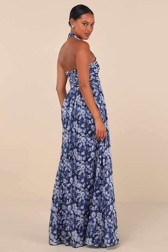 Illustrious Aura Navy Blue Floral Pleated Halter Maxi Dress 3