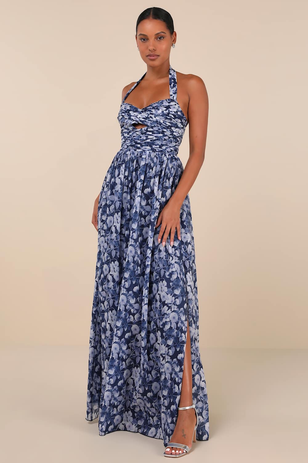 Illustrious Aura Navy Blue Floral Pleated Halter Maxi Dress