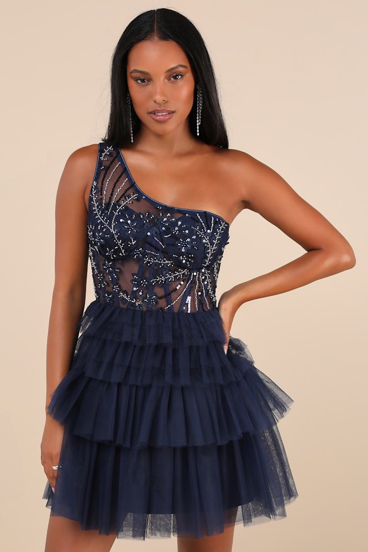 Navy Beaded Dress - Tulle Tiered Dress - One-Shoulder Mini Dress - Lulus
