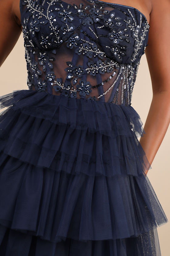 LULUS FANCIFUL CHARM NAVY MESH BEADED TIERED ONE-SHOULDER MINI DRESS