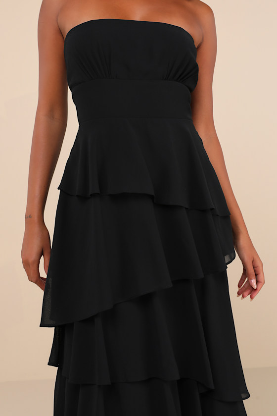 Lulus Gorgeous Essence Black Strapless Tiered Maxi Dress In Black