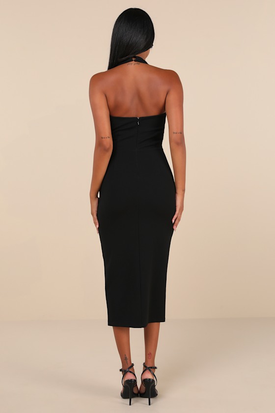 LULUS PROMINENT CHARM BLACK HALTER BODYCON TULIP MIDI DRESS