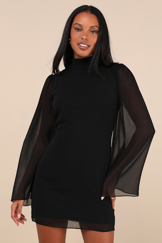 Black Mini Dress - Bell Sleeve Mini Dress - Mock Neck Mini Black Mini Dress - Bell Sleeve Mini Dress - Mock Neck Mini