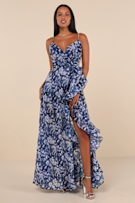 Illustrious Aura Navy Blue Floral Ruffled Surplice Maxi Dress