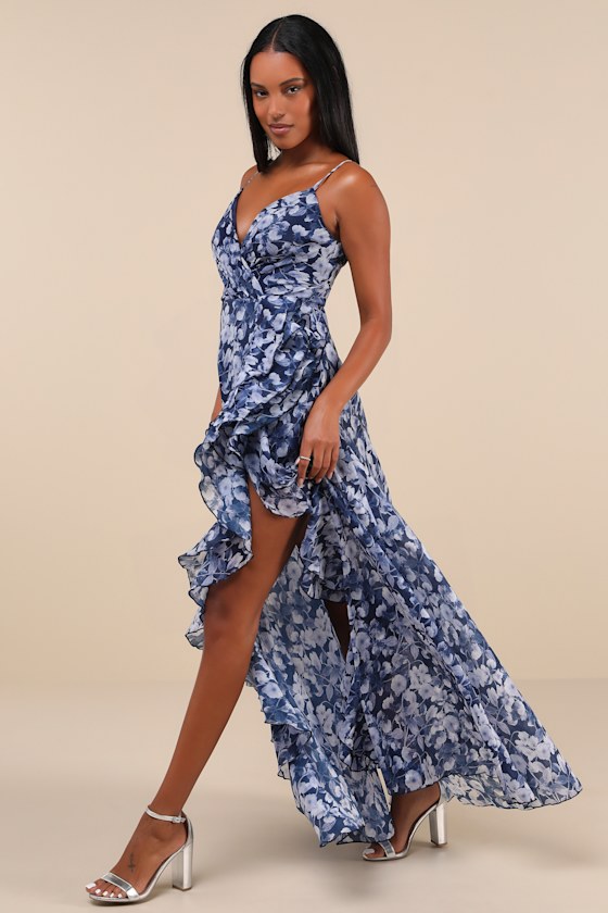 Navy Blue Floral Dress - Ruffled Maxi Dress - Surplice Maxi Dress
