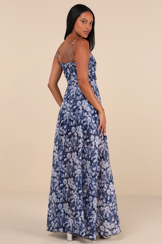 Navy Blue Floral Dress - Ruffled Maxi Dress - Surplice Maxi Dress