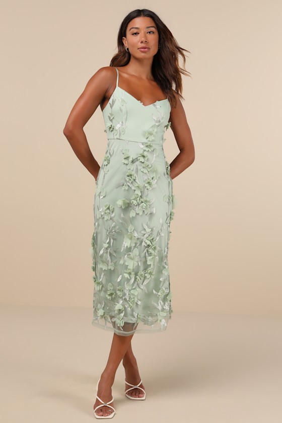 Lulus Elegant Direction Green Embroidered Ruffled Tie-strap Midi Dress In Green