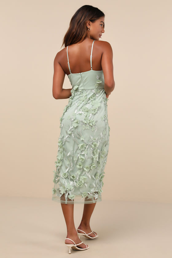 Lulus Elegant Direction Green Embroidered Ruffled Tie-strap Midi Dress In Green