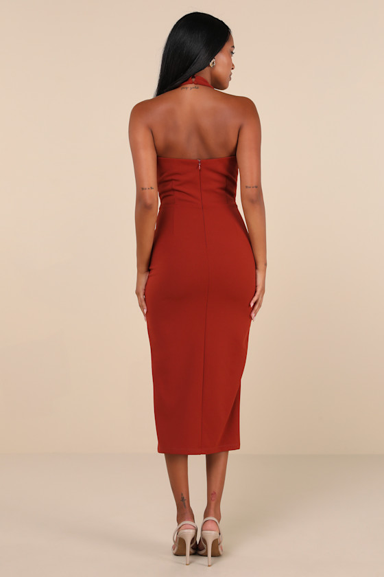 Lulus Prominent Charm Rust Brown Halter Bodycon Tulip Midi Dress In Rust Brown