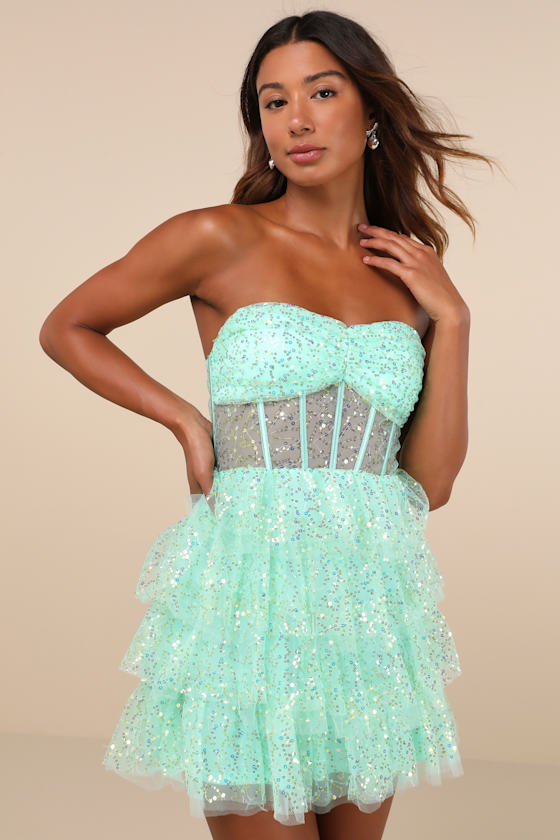 Illustrious Glow Mint Green Sheer Tulle Sequin Tiered Mini Dress 5