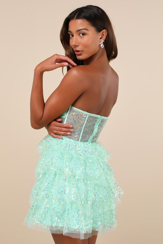 Illustrious Glow Mint Green Sheer Tulle Sequin Tiered Mini Dress 2