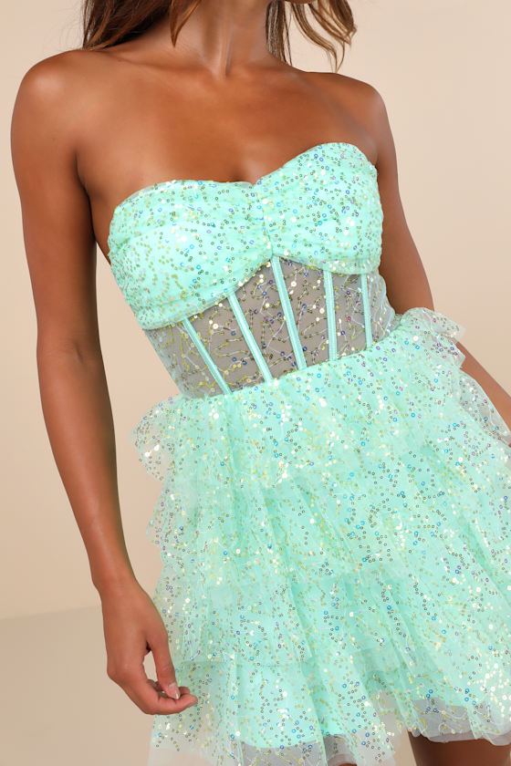 Lulus Illustrious Glow Mint Green Sheer Tulle Sequin Tiered Mini Dress In Mint Green