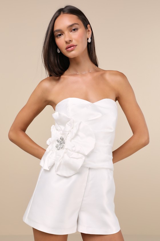 Lulus Feeling Incredible White Taffeta Applique Strapless Romper In White