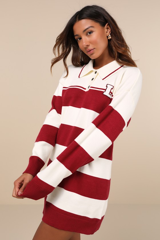 Lulus Stellar Cutie Ivory And Red Striped Collared Sweater Mini Dress In Ivory