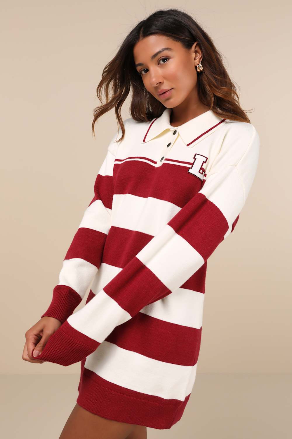 Stellar Cutie Ivory and Red Striped Collared Sweater Mini Dress