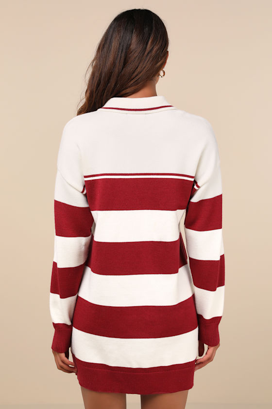 Lulus Stellar Cutie Ivory And Red Striped Collared Sweater Mini Dress In Ivory