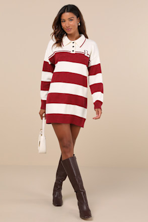red and grey striped sweater dress Frankie Red Eyelet Floral Halter Dress Red / Medium