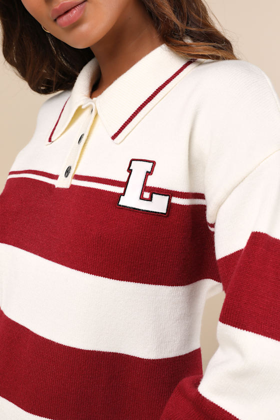 Lulus Stellar Cutie Ivory And Red Striped Collared Sweater Mini Dress In Ivory