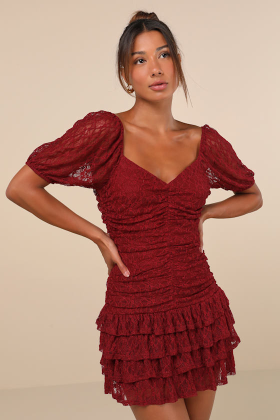 Burgundy Lace Bow Dress - Puff Sleeve Dress - Tiered Mini Dress - Lulus