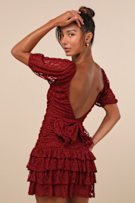 Darling Persuasion Burgundy Lace Puff Sleeve Tiered Mini Dress 4
