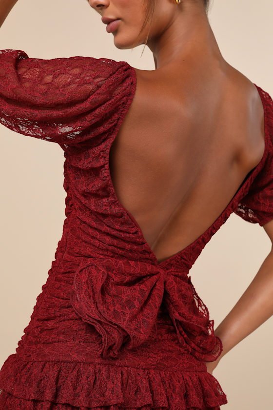 Lulus Darling Persuasion Burgundy Lace Puff Sleeve Tiered Mini Dress In Burgundy