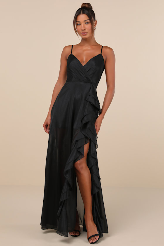 Lulus Ethereal Chicness Black Surplice Ruffled Maxi Dress In Black