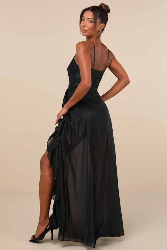 Lulus Ethereal Chicness Black Surplice Ruffled Maxi Dress In Black