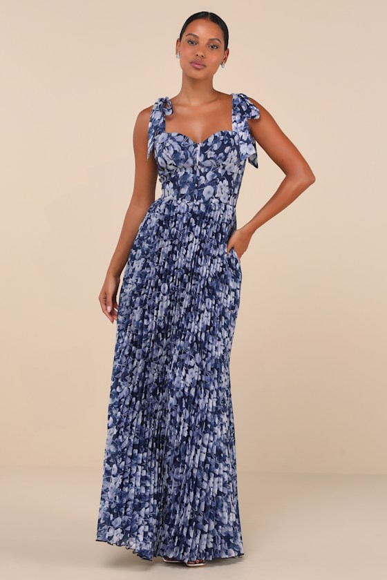 Women Navy Blue Floral Strappy Tie-up Maxi Dress