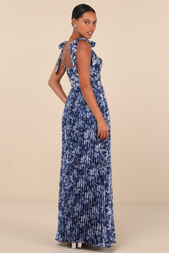 Lulus Illustrious Aura Navy Blue Floral Bustier Tie-strap Maxi Dress In Navy Blue