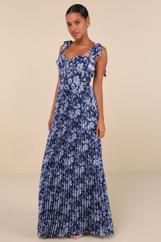 Lulus Illustrious Aura Navy Blue Floral Bustier Tie-strap Maxi Dress In Navy Blue